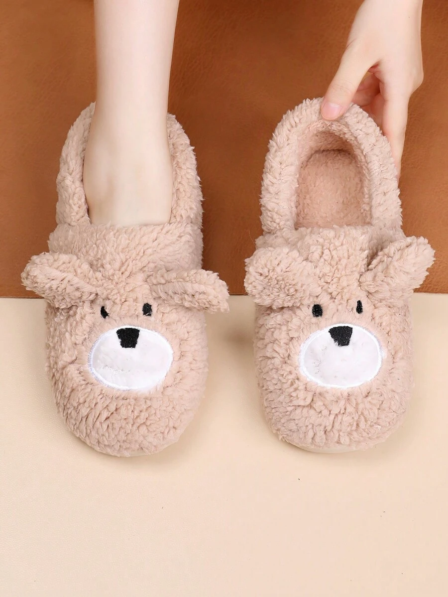 Embroidered Detail Bear Design Fuzzy Novelty Slippers - Khaki - View 1