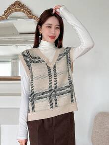 DAZY 格紋圖案毛衣背心不帶T恤 - 卡其色 - 查看 5