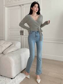 DAZY Solid Wrap Tie Side Crop Sweater - Dark Green - View 3