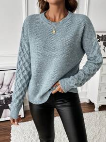 SHEIN LUNE 素色落肩袖套頭毛衣 - 藍色 - 查看 6