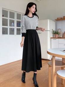 DAZY 格纹印花撞色绑带 A 字裙，秋季连衣裙长袖连衣裙