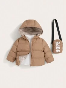 SHEIN Baby Boy Zip Up Hooded Padded Coat & Letter Graphic Bag - Khaki - View 2