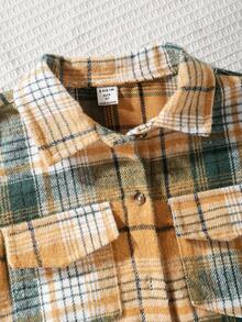 SHEIN 女大童格紋印花翻蓋口袋襯衫&吊帶連體褲 - 彩色 - 查看 3