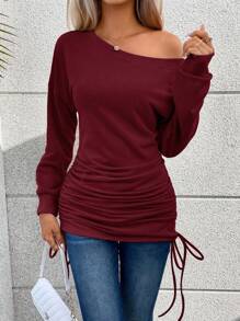 SHEIN LUNE 素色側抽繩落肩袖運動衫 - 酒紅色 - 查看 4