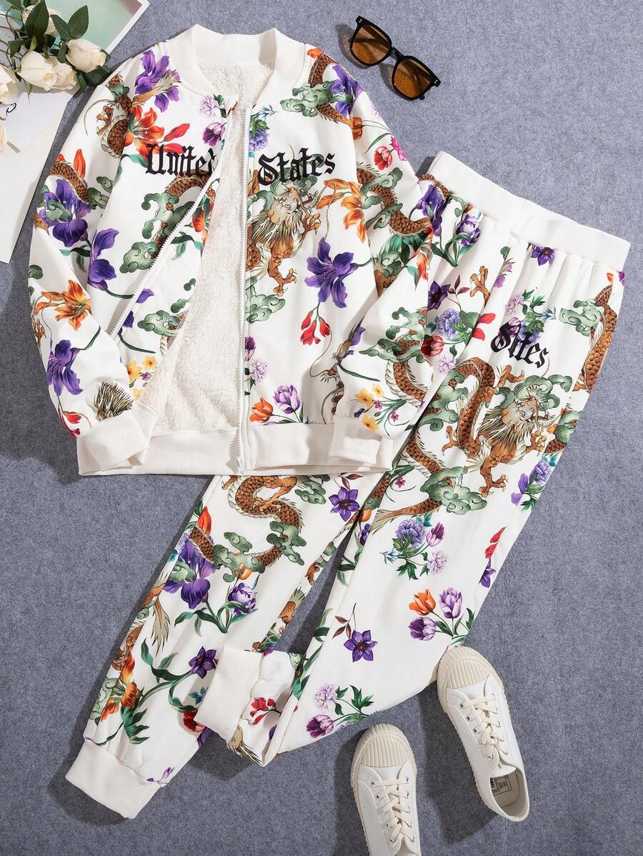 SHEIN Unity Bộ đồ phối họa tiết rồng lót lông dành cho nữ, bán riêng 3 bộ: Cho Mẹ, Cho Tôi - trắng - Xem 1