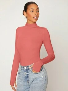 SHEIN BASICS 素色小高領拇指孔T恤 - 藕粉色 - 查看 4