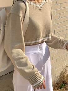 DAZY 条纹落肩短款毛衣、长袖上衣秋季 - 杏色 - 查看 6