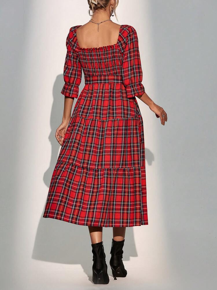 Tartan Print Square Neck Flounce Sleeve Ruffle Hem Belted Dress