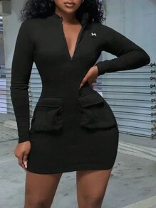 Slaydiva 字母補丁細節翻蓋口袋緊身洋裝 - 灰色 - 查看 1