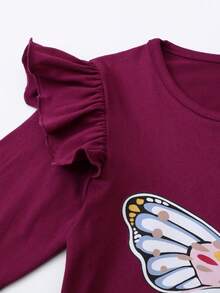 Cô gái Tween In bướm Viền Ruffle Áo thun - Màu tím - Xem 3