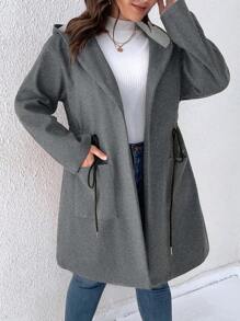 SHEIN LUNE Plus Drawstring Waist Dual Pocket Hooded Overcoat, For Winter - Dark Grey - View 5