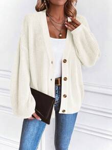 Selenza Spring & Summer White Lantern Sleeve Button Up Loose Knit Cardigan,Long Sleeve Tops Fall Winter Cloth For Women