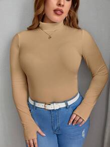 SHEIN Essnce Hơn Cổ giả Áo phông trơn - Lạc đà - Xem 4