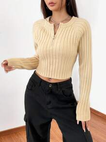 SHEIN EZwear Half Zip Raglan Sleeve Crop Sweater - Khaki - View 3