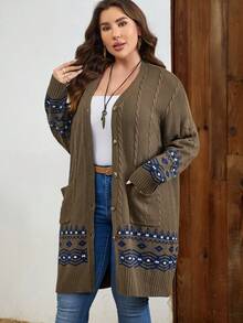 EMERY ROSE Hơn Mẫu Geo Túi Kép Thả vai Áo len Mở - màu nâu - Xem 4