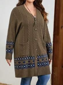 EMERY ROSE Hơn Mẫu Geo Túi Kép Thả vai Áo len Mở - màu nâu - Xem 5