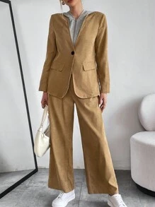 SHEIN Essnce 素色單釦西裝外套和褲子 - 卡其色 - 查看 1