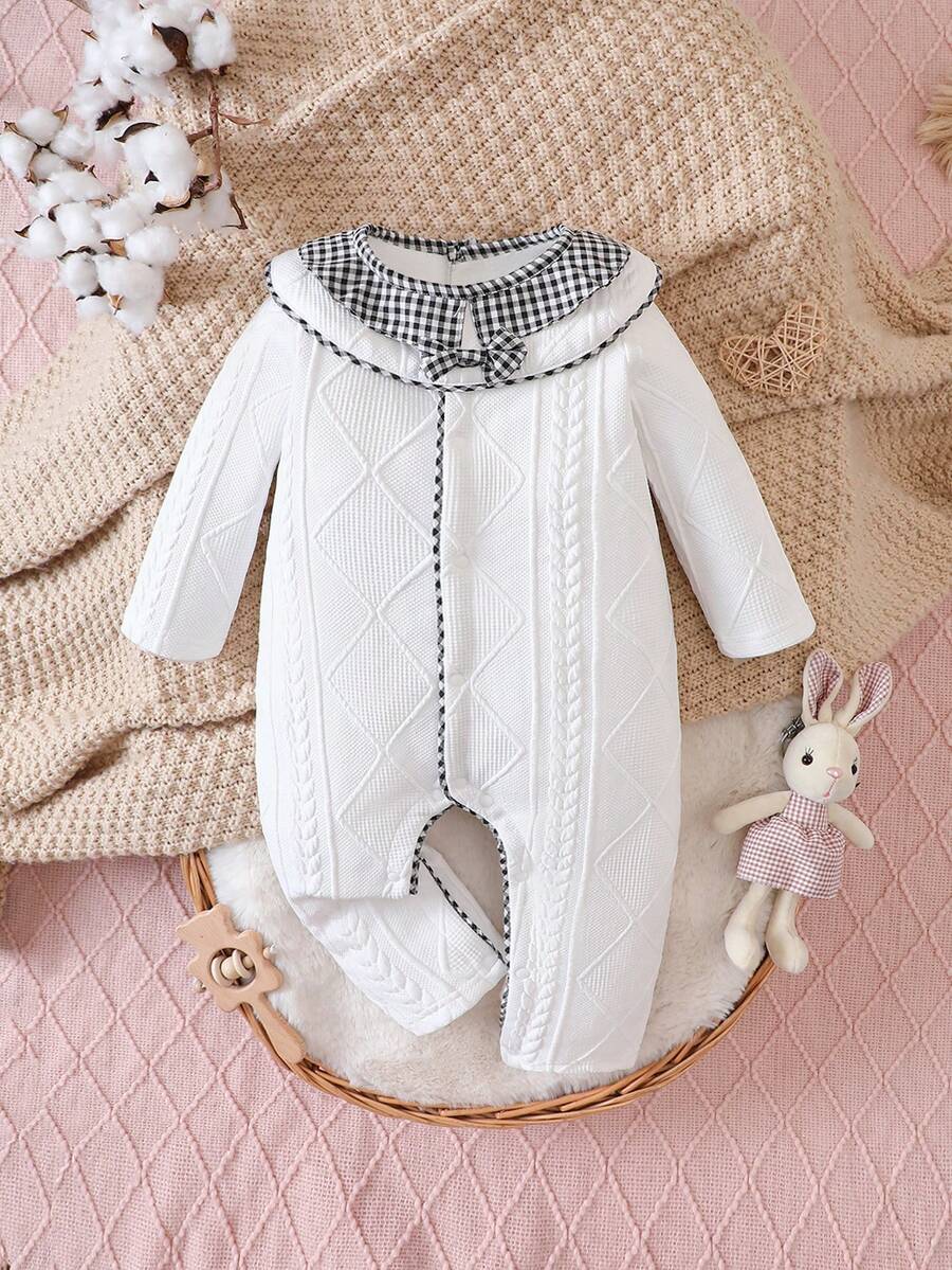 SHEIN Baby Girl Gingham Print Ruffle Trim Jumpsuit - Black and White - View 1