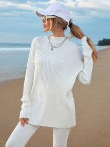 RueChic Mock Neck Drop Shoulder Split Hem Sweater & Knit Pants - Apricot - View 3