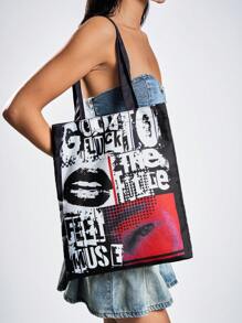 SHEIN ICON Fashionable Black Shoulder Bag With Letter Print For Storage - Black - View 1