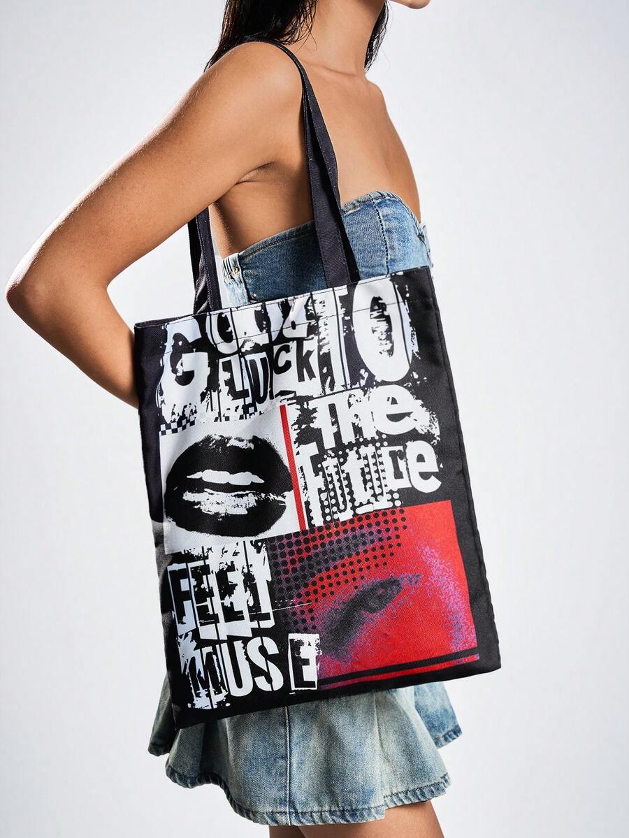 SHEIN ICON Fashionable Black Shoulder Bag With Letter Print For Storage - Black - View 1