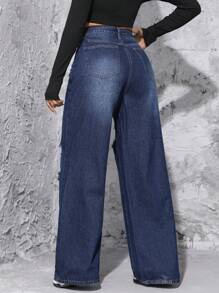 SHEIN Ripped Wide Leg Jeans - Dark Wash - View 2