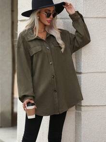 SHEIN LUNE Flap Detail Drop Shoulder Suedette Coat - Army Green - View 7