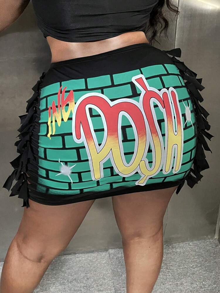 Letter Graphic Fringe Trim Bodycon Skirt