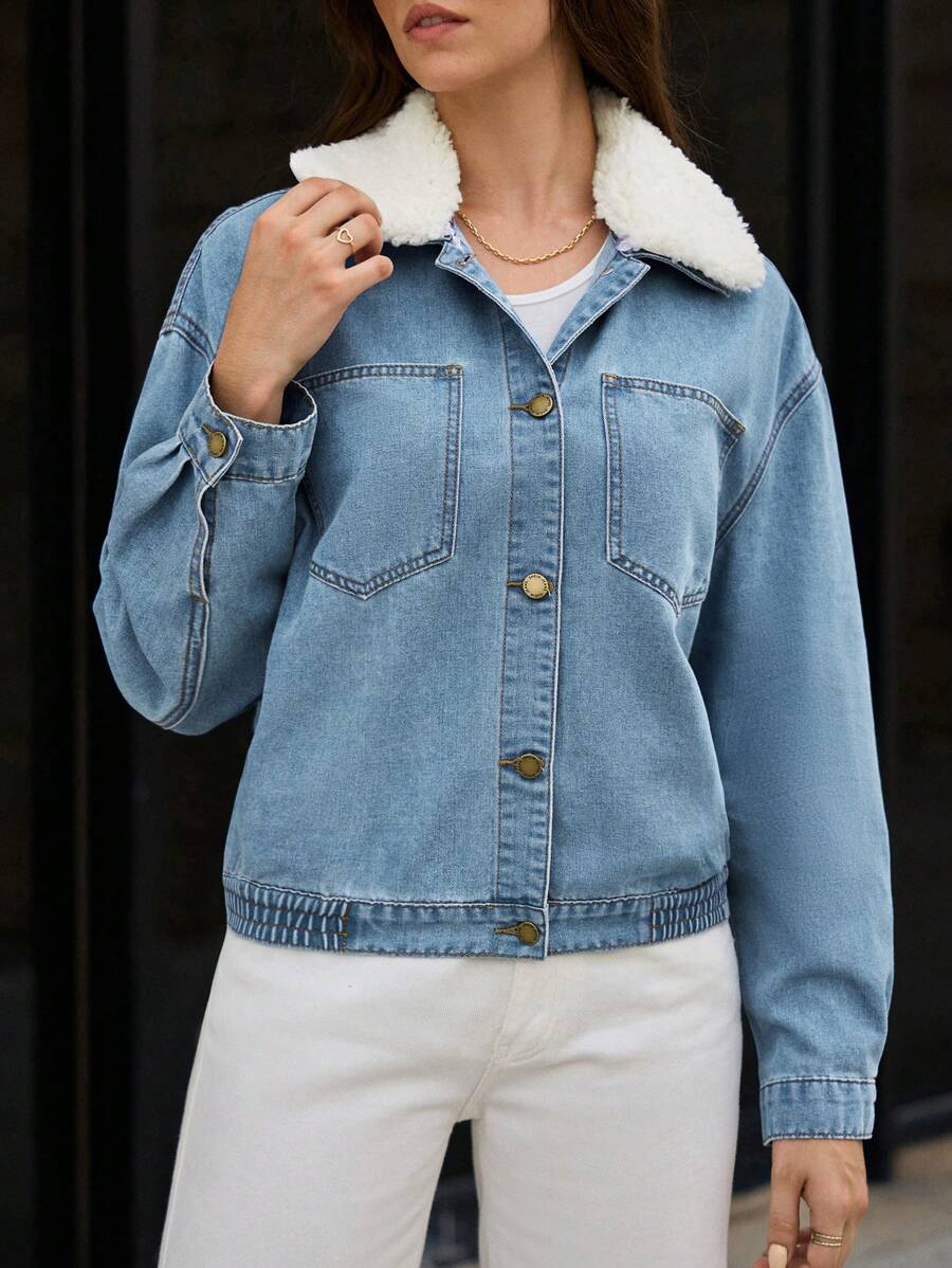 SHEIN Frenchy Borg Collar Drop Shoulder Denim Jacket Winter - Dark Wash - View 1