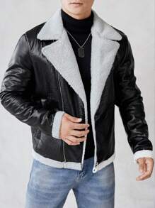GENTILAND Loose Fit Men's Teddy Lined Zip Up PU Leather Jacket - Black and White - View 1