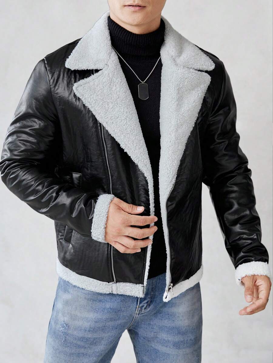 GENTILAND Loose Fit Men's Teddy Lined Zip Up PU Leather Jacket - Black and White - View 1