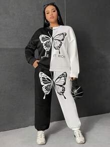 SHEIN EZwear 大碼雙色蝴蝶圖案落肩袖連帽衫和運動褲 - 黑與白 - 查看 6