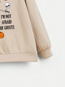 SHEIN EZwear 大碼標語&骷髏圖案落肩袖運動衫 - 杏色 - 查看 3