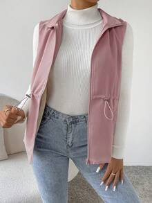 SHEIN Essnce Áo vest có dây rút, lót gấu Teddy, khóa kéo, áo khoác có đệm, quần áo mùa đông - Bụi hồng - Xem 4