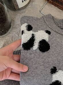 Young Girl Panda Pattern Drop Shoulder Sweater - Grey - View 6