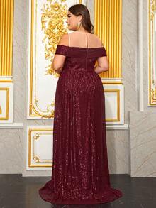 YISIKADO Plus Off Shoulder Mesh Insert Sequin Formal Dress - Burgundy - View 3