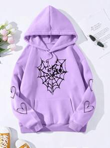 SHEIN EZwear Spider Web & Heart Print Kangaroo Pocket Drawstring Thermal Hoodie - Purple - View 1