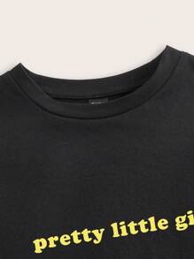 SHEIN EZwear Casual And Simple Slogan Print Short Sleeve Round Neck Slim Fit Women's T-Shirt, Suitable For Summer, Pretty Little Girl Print - Black - View 4