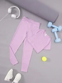 SHEIN 女大童素色插肩袖運動T恤和緊身褲 - 紫色 - 查看 1