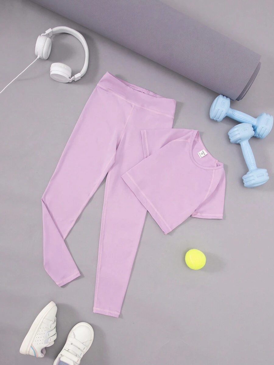 SHEIN 女大童素色插肩袖運動T恤和緊身褲 - 紫色 - 查看 1