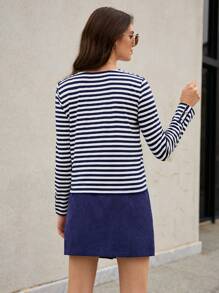 SHEIN Frenchy Embroidery Detail Striped Print Tee & Flap Button Front Skirt Winter Casual Blue - Navy Blue - View 6