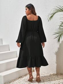 SHEIN VCAY 大碼雞心領口燈籠袖荷葉邊洋裝 - 黑色 - 查看 2