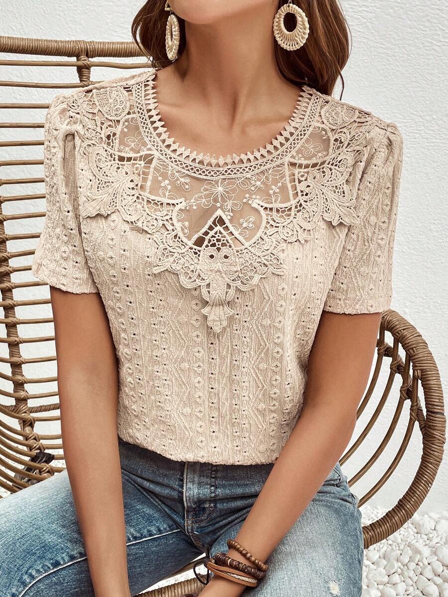 SHEIN Frenchy Guipure Lace Insert Eyelet Embroidery Blouse Summer Casual - Apricot - View 1