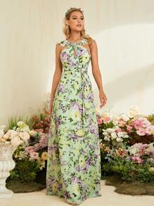 Floral Print Ruffle Trim Belted Maxi Chiffon Bridesmaid Dress - Green - View 3