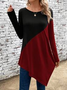 SHEIN LUNE Hai âm Viền không đối xứng Áo thun - Màu Đỏ Sâu - Xem 5