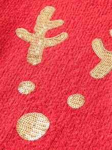 SHEIN LUNE Plus Christmas Elk Sequin Drop Shoulder Sweater - Red - View 3