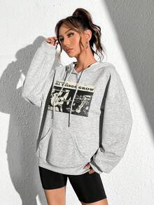 SHEIN EZwear Đồ họa Hình & Khẩu hiệu Thả vai Dây rút Hoodie - Màu Xám nhạt - Xem 5