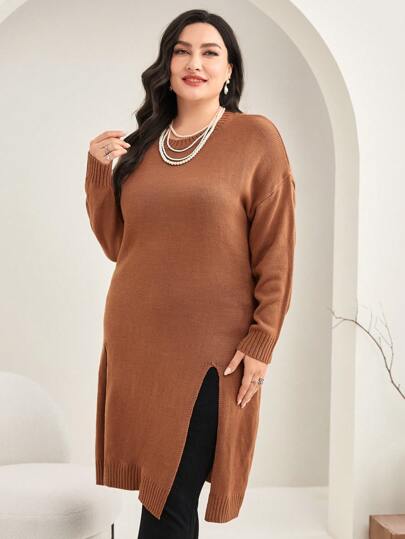 Mulvari Plus Drop Shoulder Split Hem Sweater Knit Pullover Fall Winter Sweater