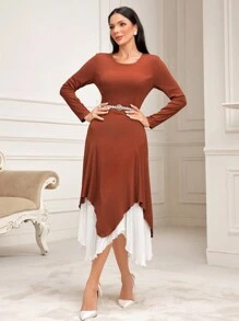 Modelyn 雙色百褶不對稱下擺洋裝不附腰帶 - 彩色 - 查看 3