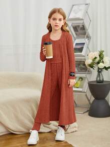SHEIN Tween Girl 1pc Solid Tank Top & 1pc Open Front Coat & 1pc Pants - Rust Brown - View 6